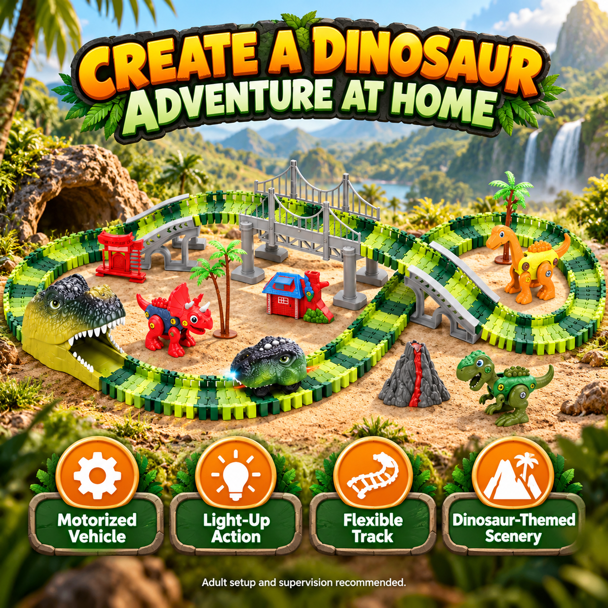 Dinosaur Track Playset with Motorized Light-Up Car