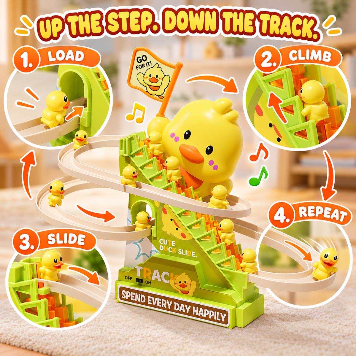 Duck Stair Climbing Toy with Lights & Music – Electric Duck Slide Track