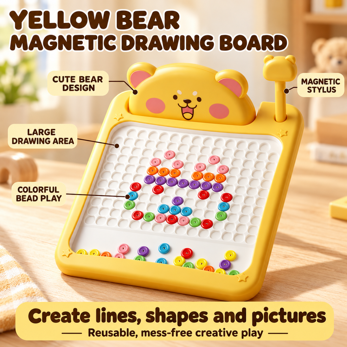 Bear Magnetic Drawing Board for Kids | Colorful Bead Art Toy