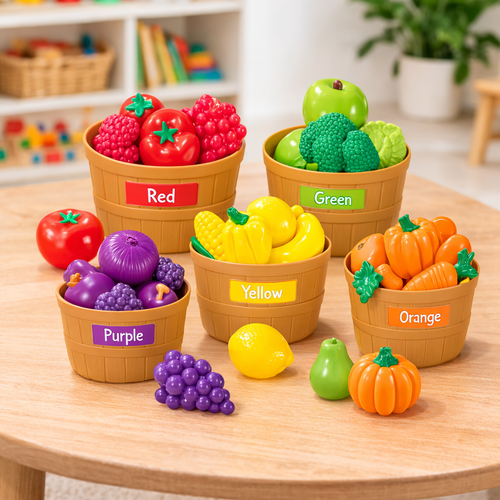Color Sorting Fruit and Veggie Basket Play Kitchen Kit