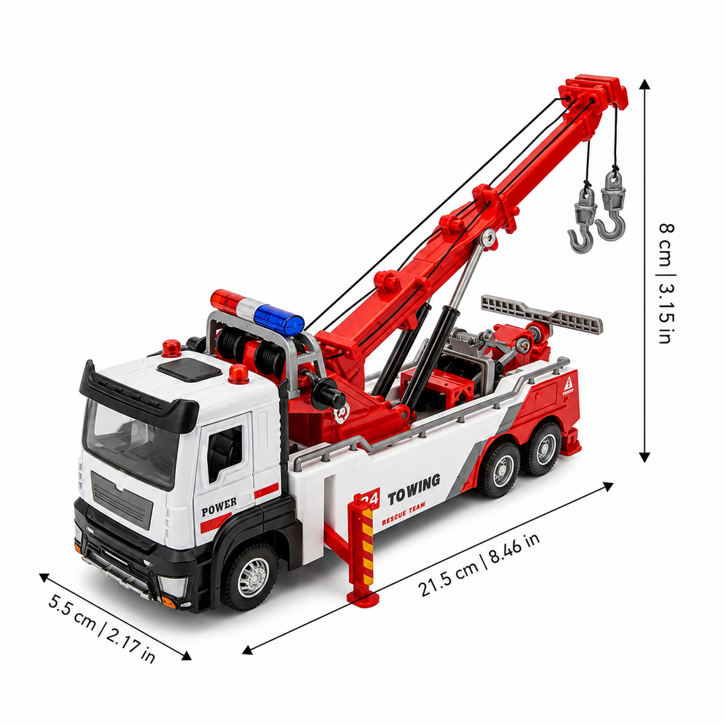 Diecast Tow Truck Toy with Lights, Sounds and Moving Crane Arm