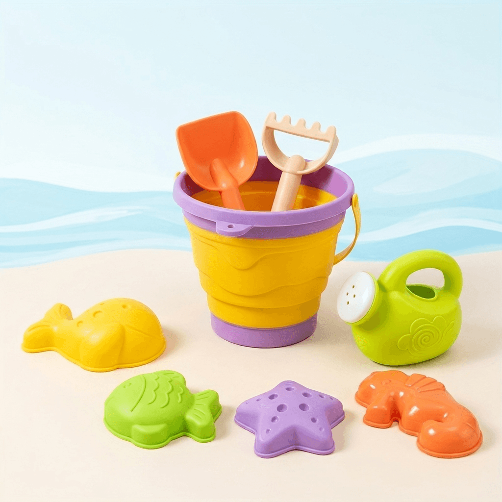 Summer Sand Toy Kit with Foldable Bucket and Fun Molds