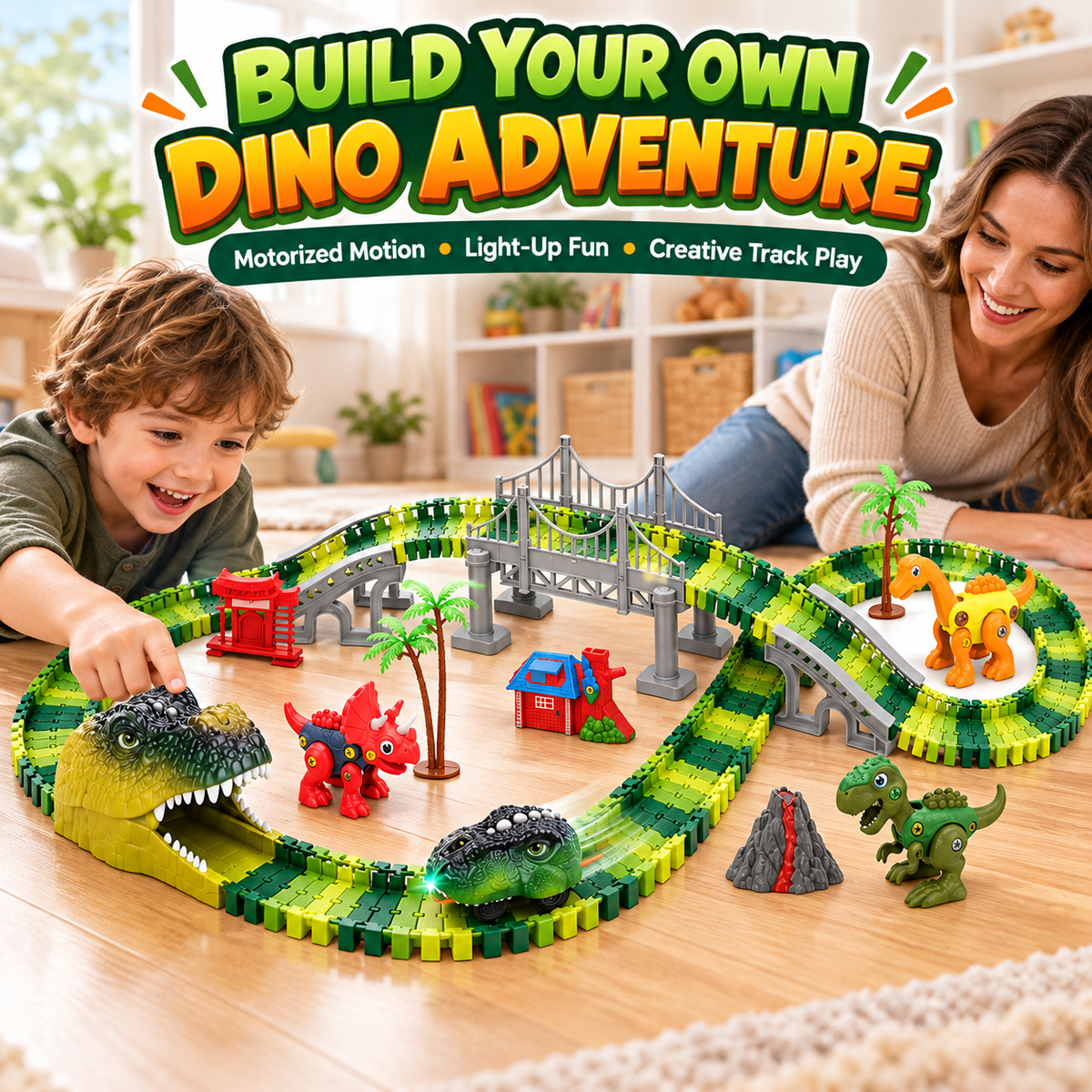 Dinosaur Track Playset with Motorized Light-Up Car