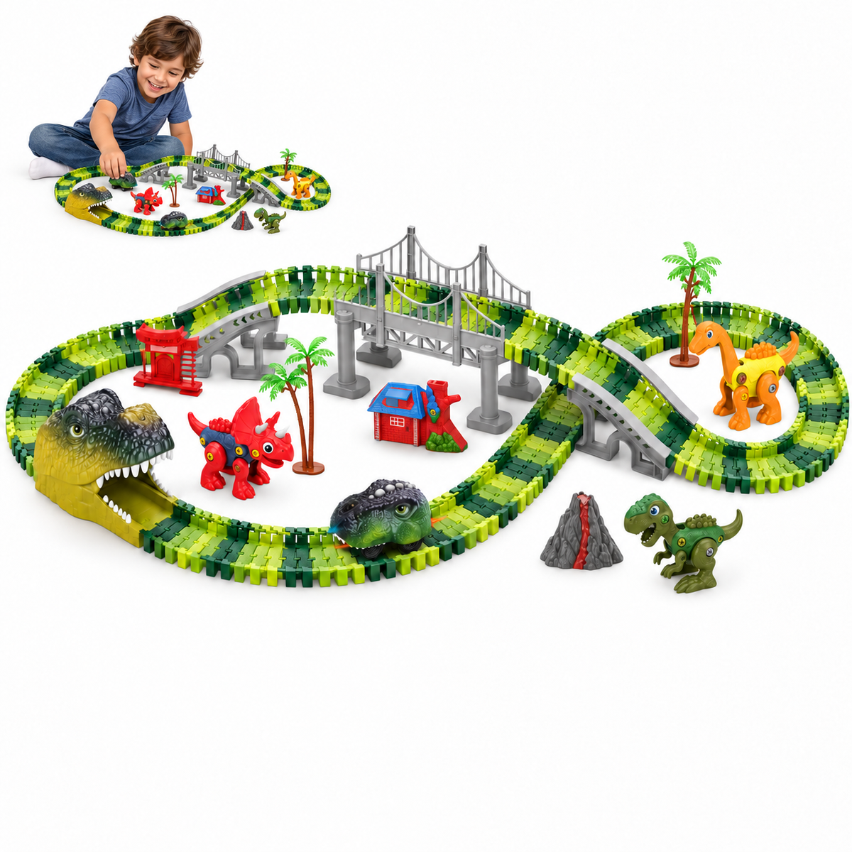 Dinosaur Track Playset with Motorized Light-Up Car