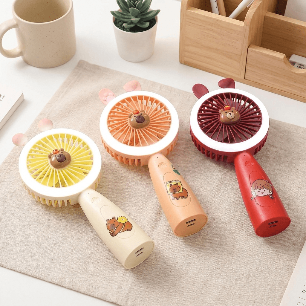 Portable Mini Fan with Soft Light and Cute Desk Charm