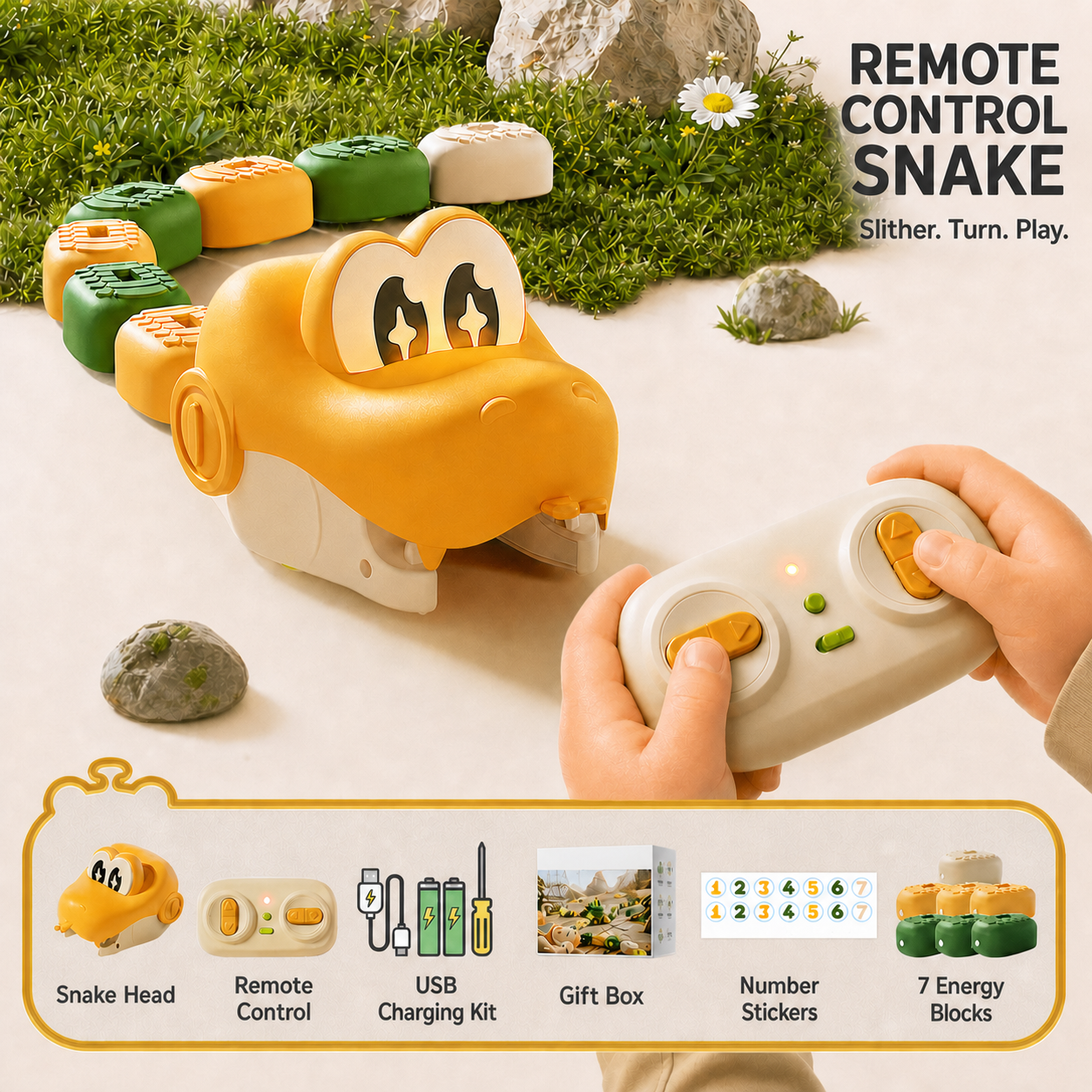 Yellow remote control snake bean-collecting toy with controller and included accessories