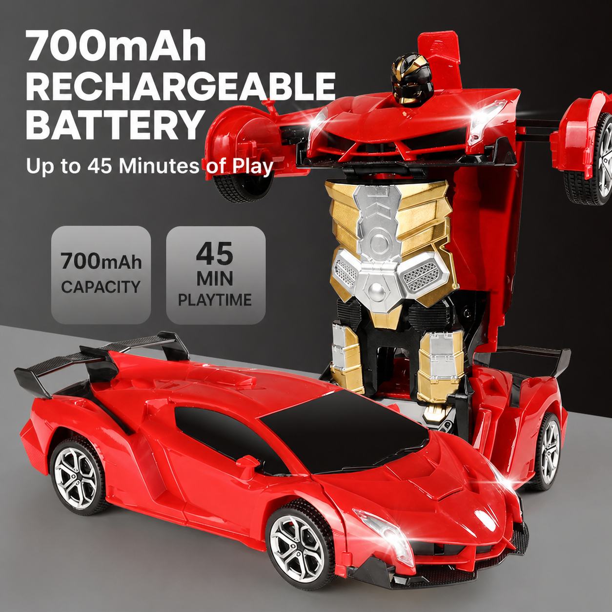 Red transforming robot car with 700mAh rechargeable battery