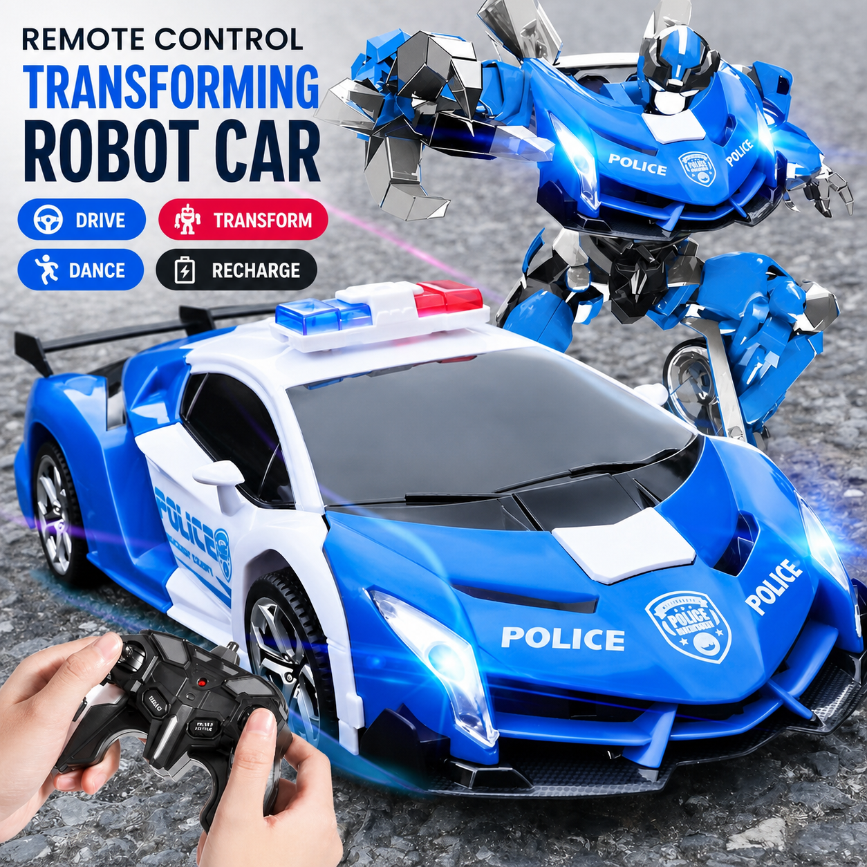 Blue police remote control car transforming into a robot