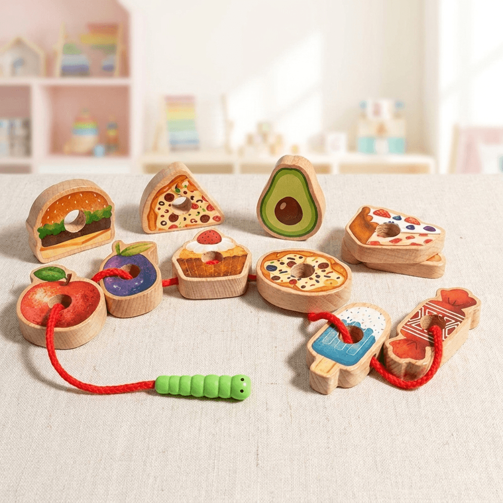 Wooden Food Threading Game for Fine Motor Development - main product image